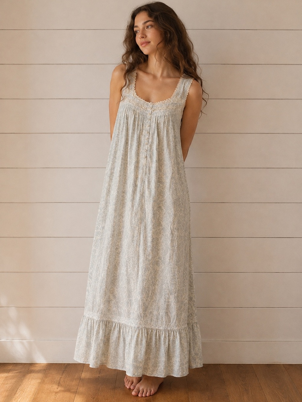 Eileen West White Floral Maxi Dress with Lace Trim